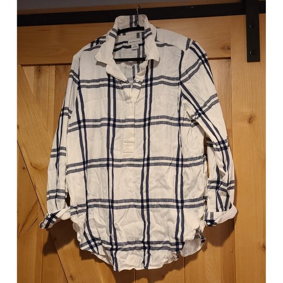 Liz Claiborne Tops - Liz Claiborne XL Cotton Rayon Popover Plaid Blue White Shirt 1/2 Button Tunic